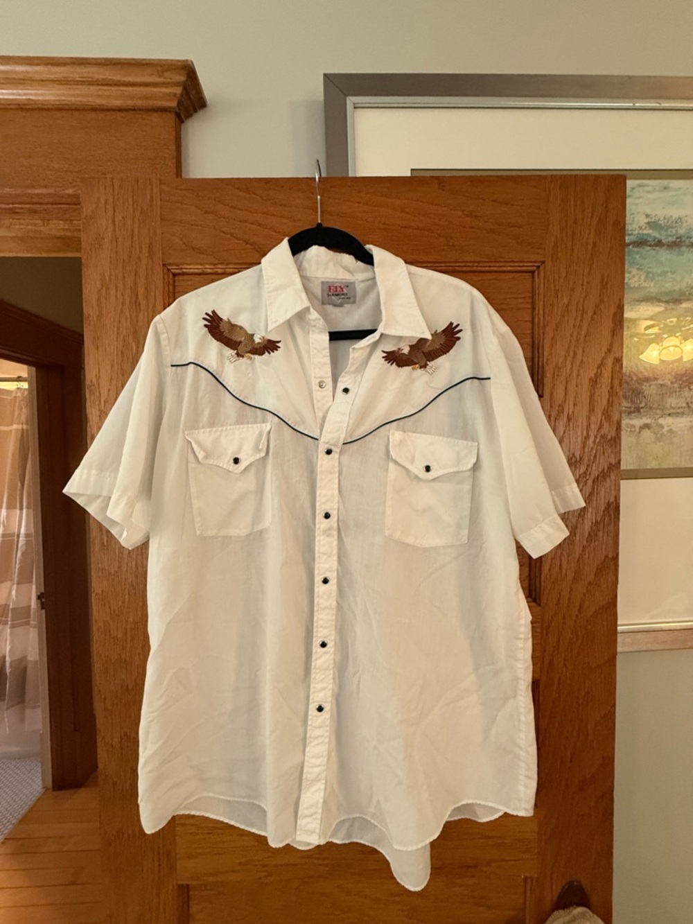 Ely diamond Shirt Men XL White Western Pearl Snap Eagle Embroidered Piped Yoke